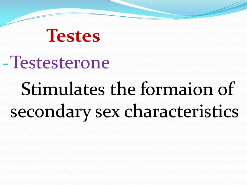 Testes Testesterone     Stimulates the formaion of secondary sex characteristics